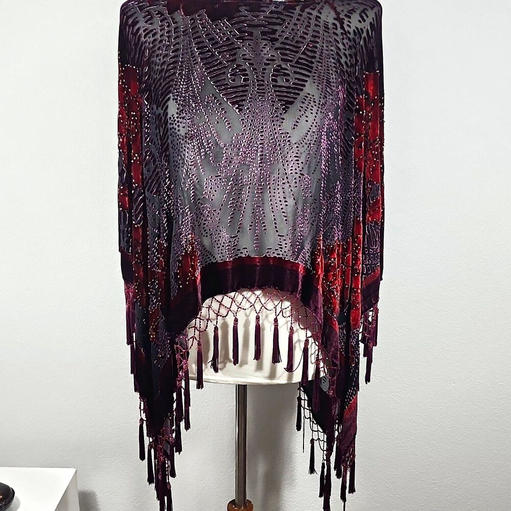 Velvet burnout floral print beaded poncho one size